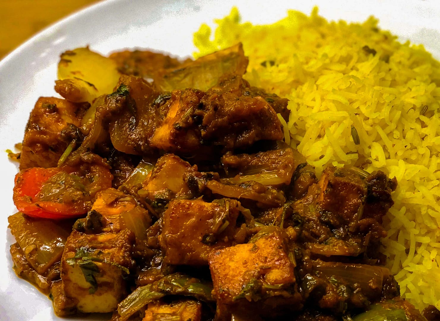Kadai Paneer with Rice on Plate