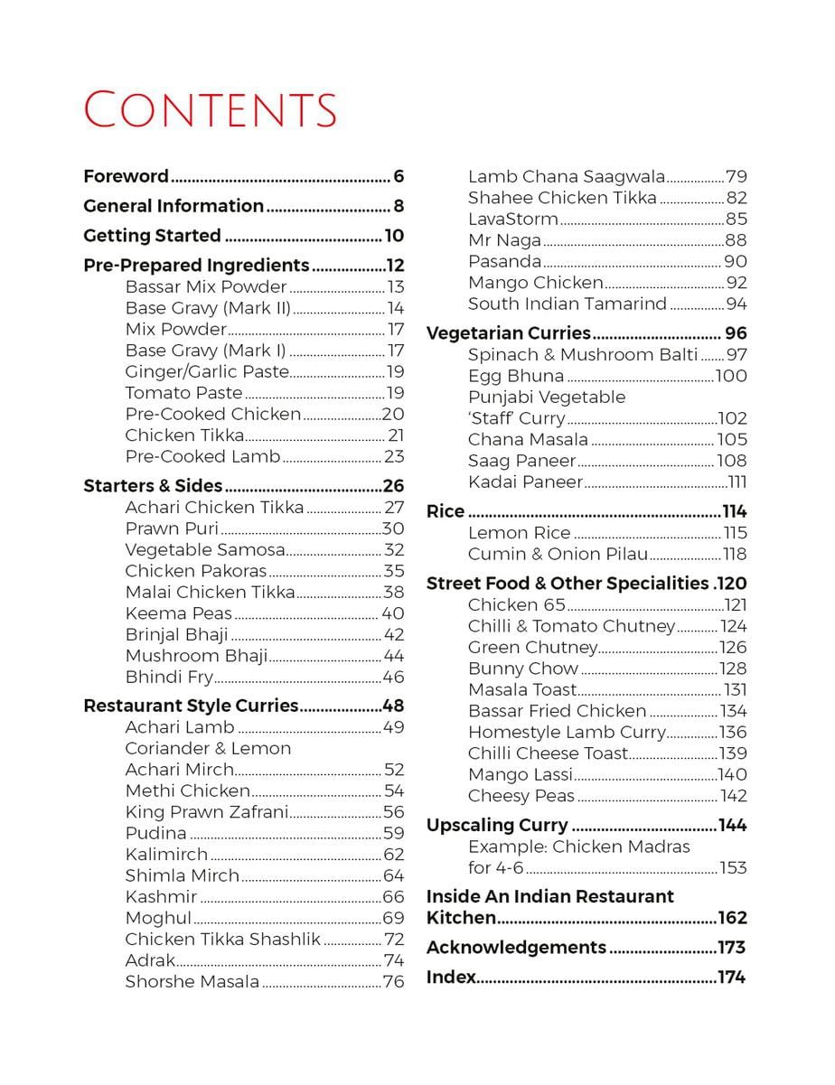 Contents Page from Indian Restaurant Curry at Home Volume 2 by Richard Sayce