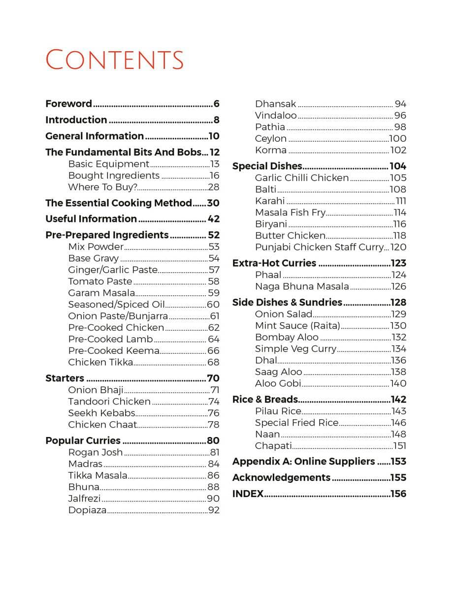 Contents Page from Indian Restaurant Curry at Home Volume 1 by Richard Sayce
